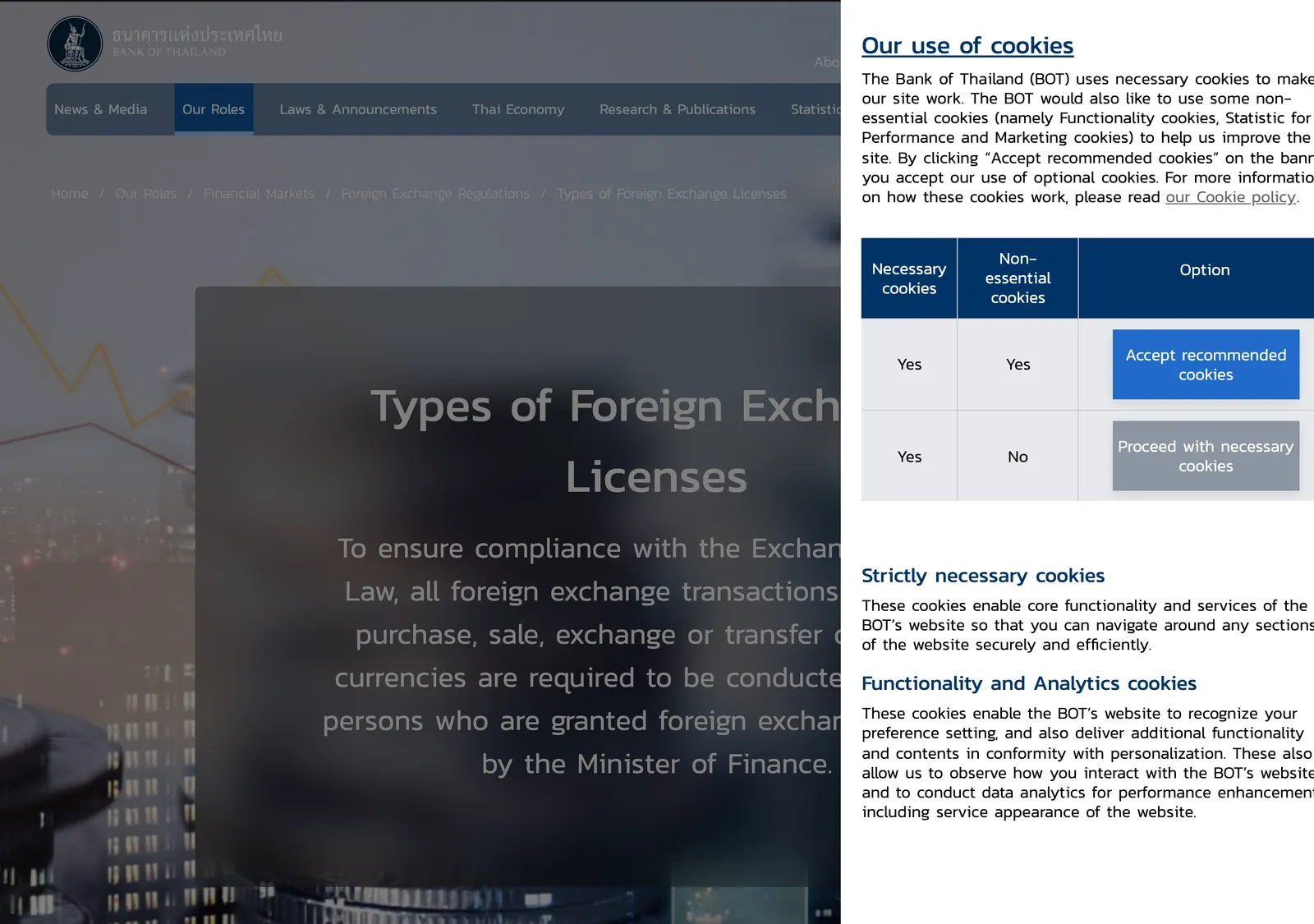 Central bank web page on foreign exchange business with menu and text sections.