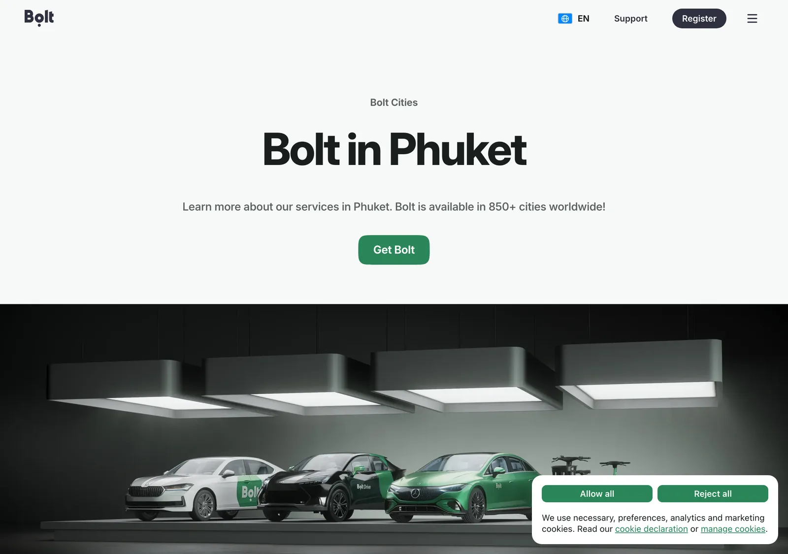 Bolt web page for Phuket showing ride categories