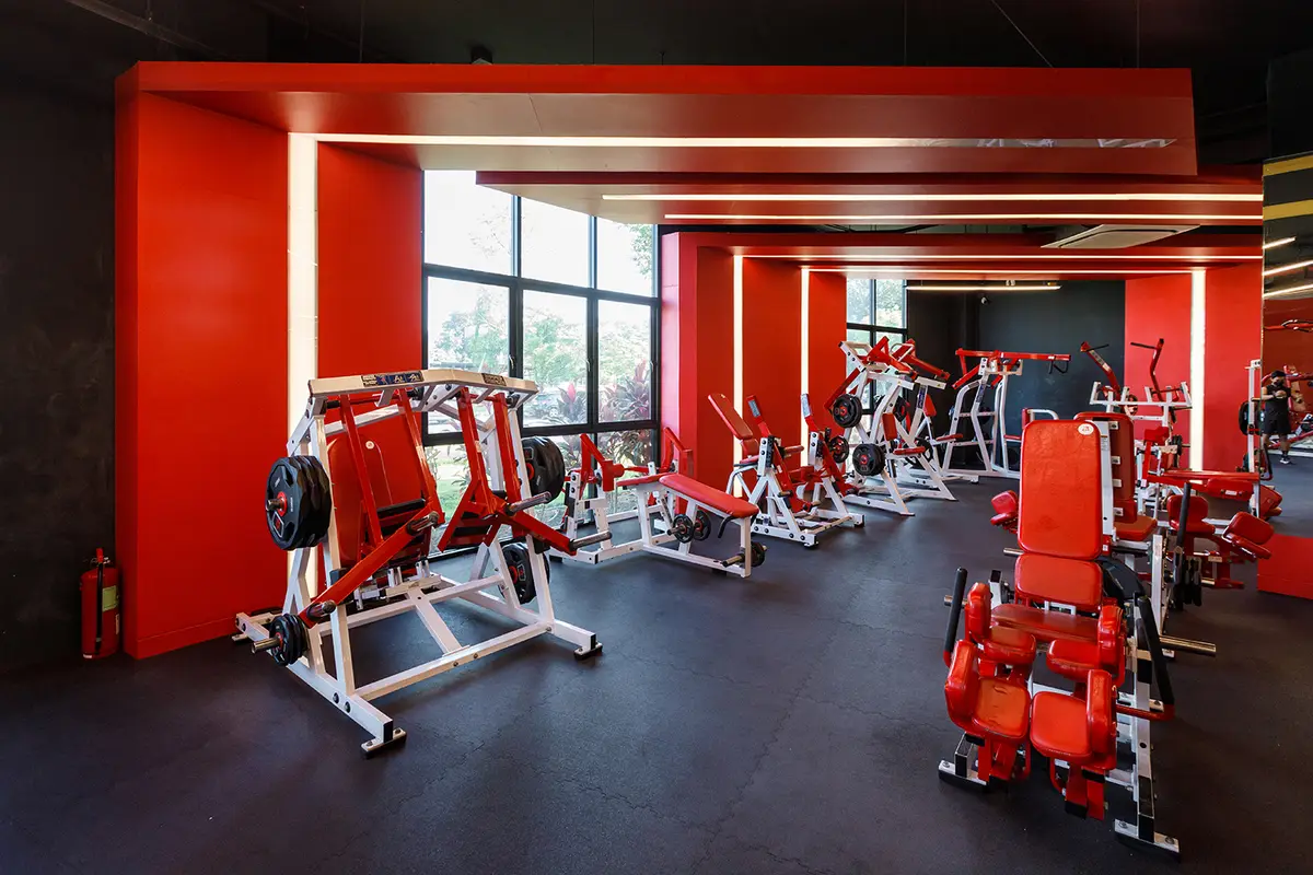 Red and white strength machines in a gym hall with large windows.