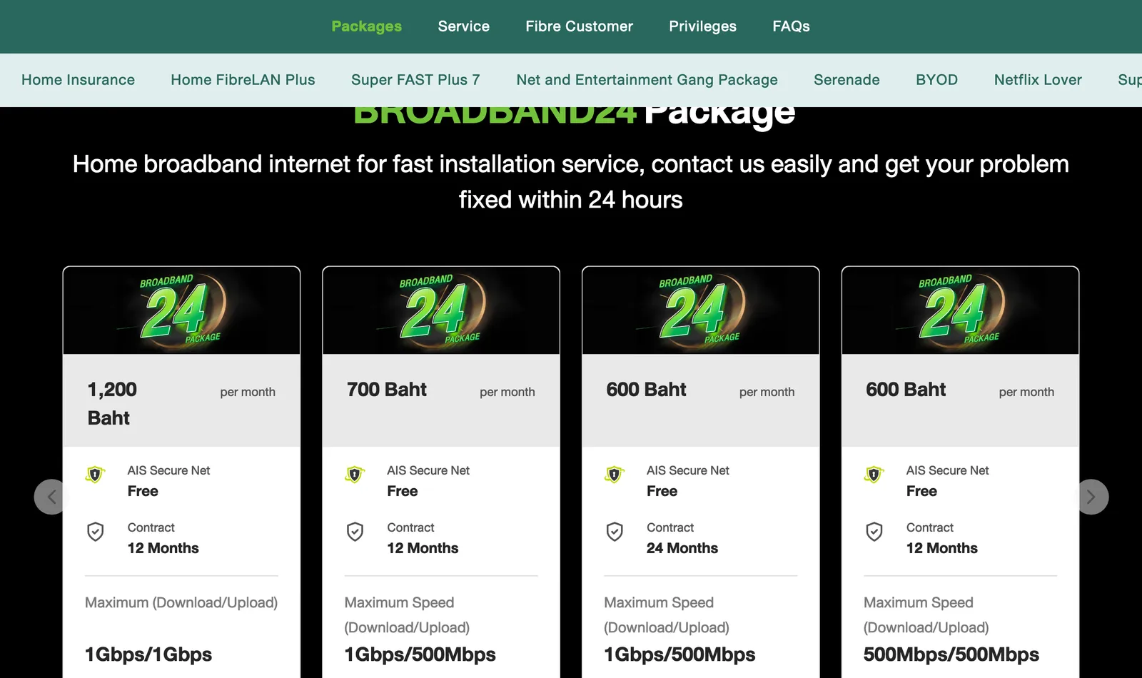 AIS BROADBAND24 page with four plan cards showing price, secure net, contract and maximum speed.
