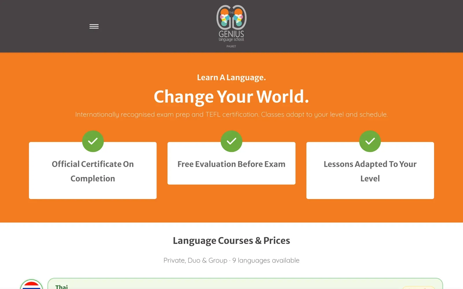 Genius Language School courses page headed Language Courses and Prices, with the Thai course panel starting at the bottom.
