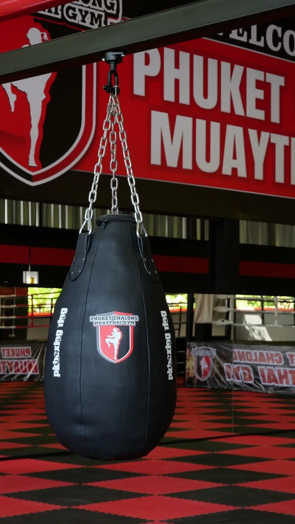Black teardrop heavy bag with a red logo hanging from chains.