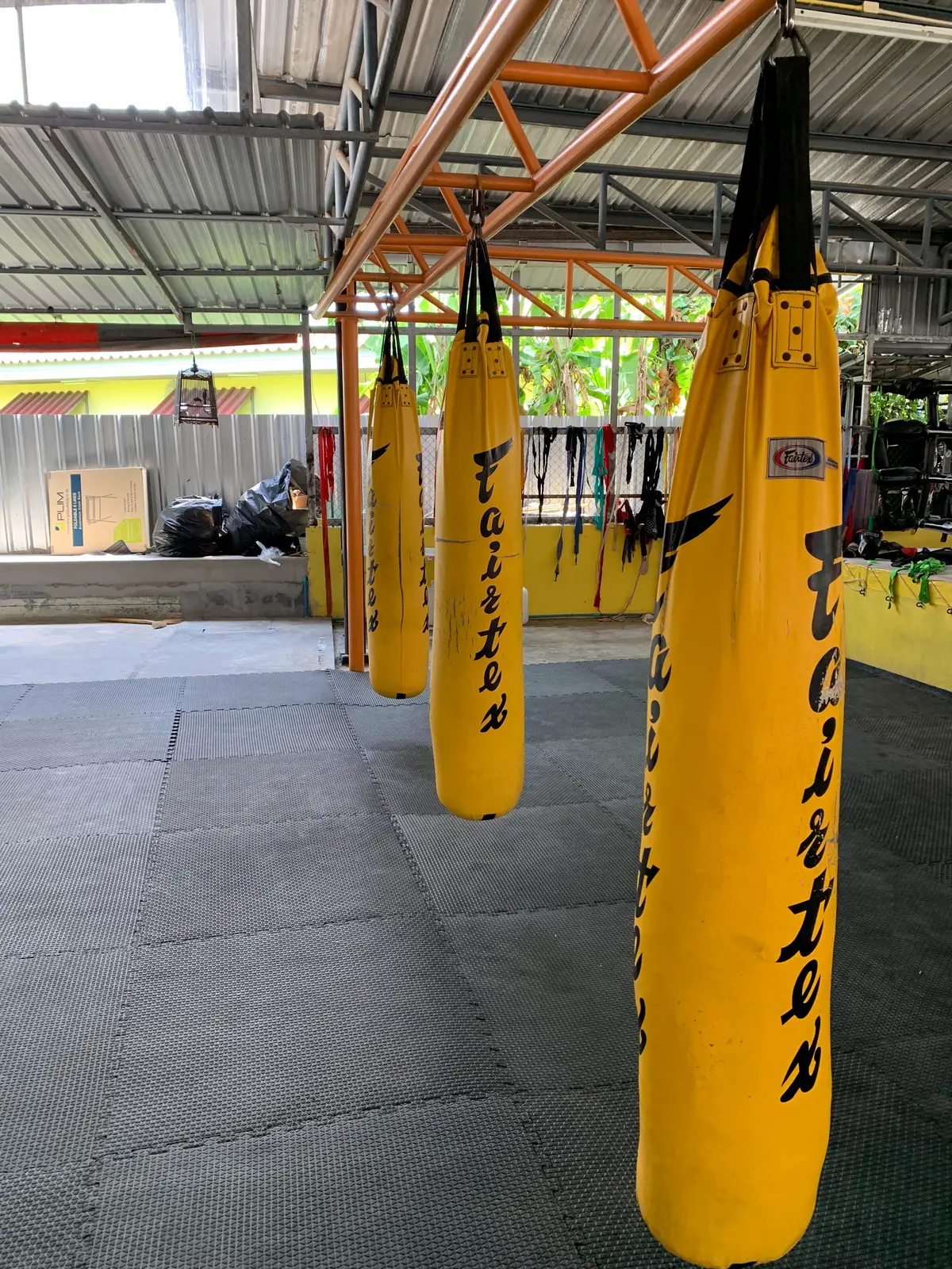 Yellow heavy bags hanging in a row inside an open-sided training hall.