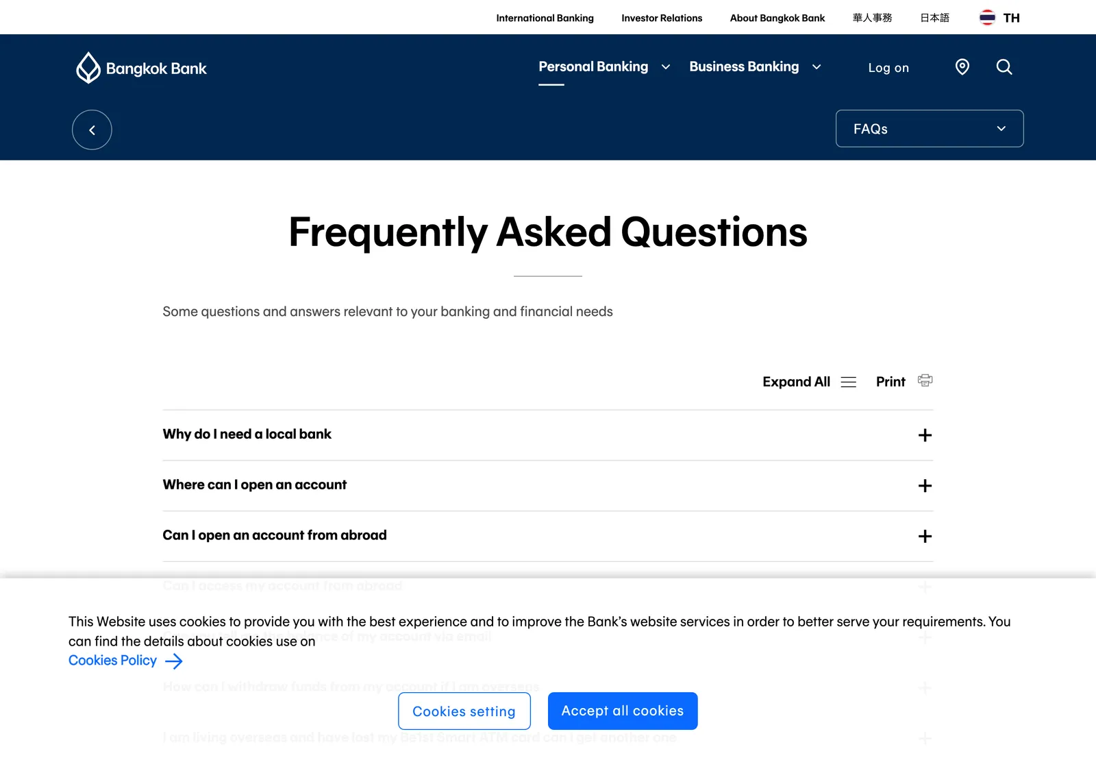 Bangkok Bank foreign customers FAQ page with questions on opening an account.