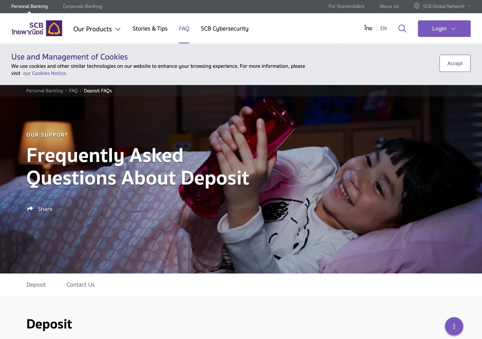 SCB deposit FAQ page with questions on opening an account.