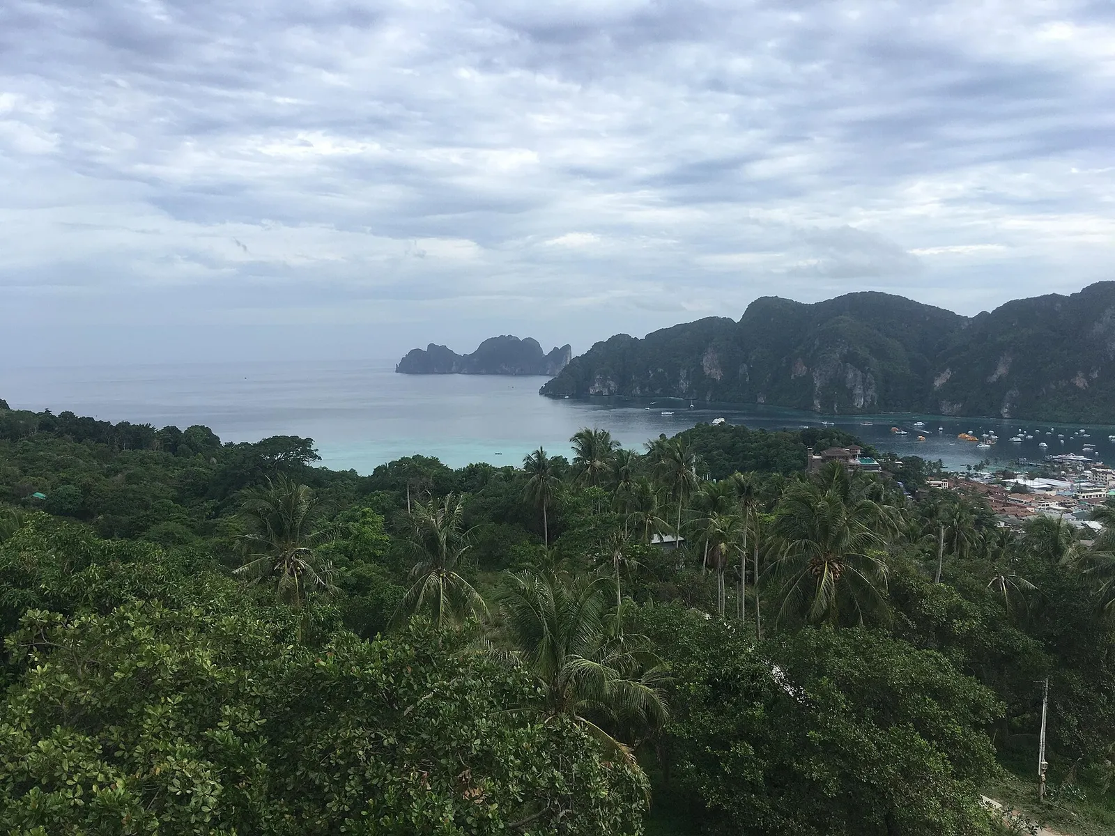 Green forest on Ko Phi Phi Don in the foreground with the limestone cliffs of Ko Phi Phi Leh beyond the sea.