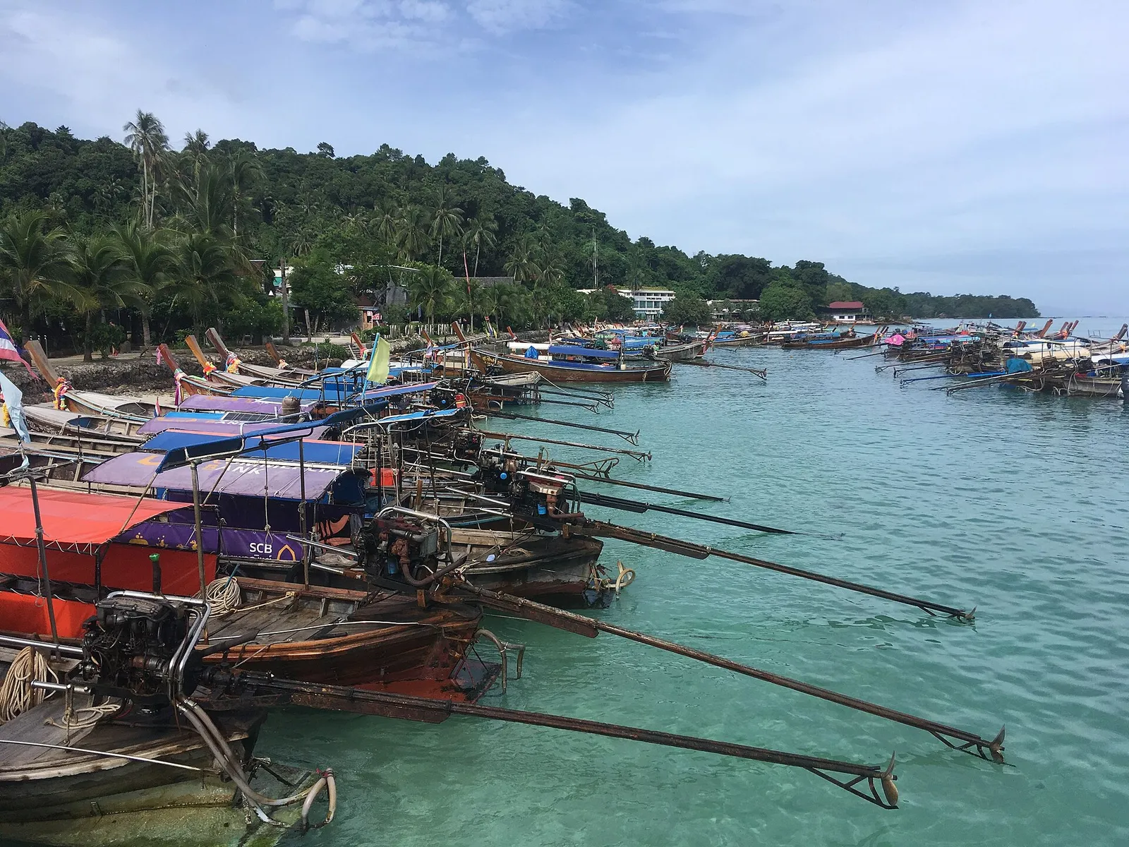 Rows of wooden longtail boats moored along the shore of Tonsai Bay beside a forested headland.