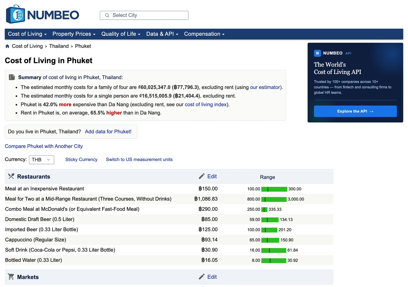 Numbeo cost of living page for Phuket with restaurant, market and rent price tables.