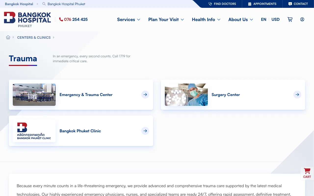 Hospital website page headed Trauma with a short call line, three tiles and a paragraph on emergency care.