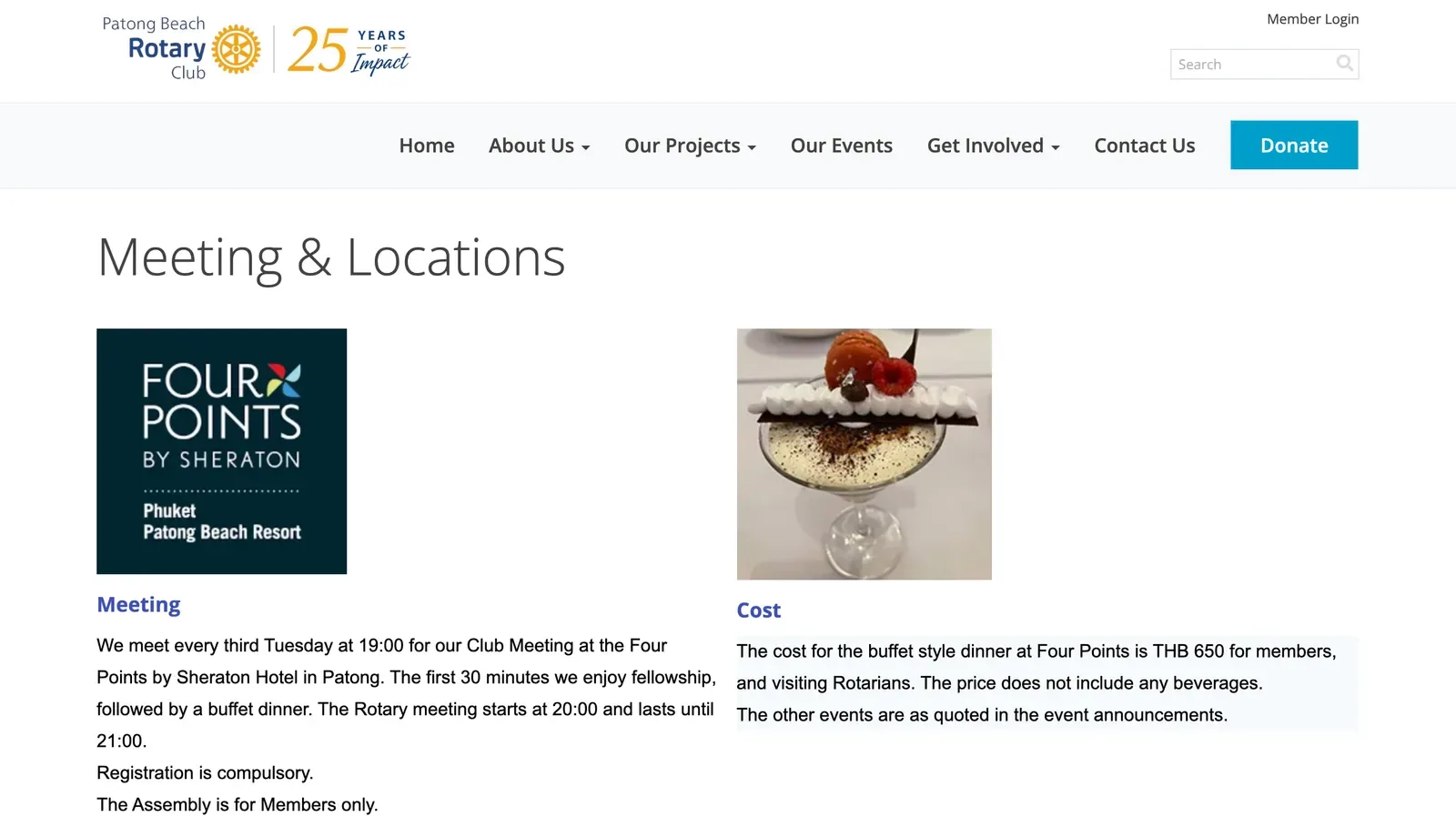 Club web page titled Meeting and Locations, with a hotel logo, a dessert photo and two short text blocks about meeting times and dinner cost.