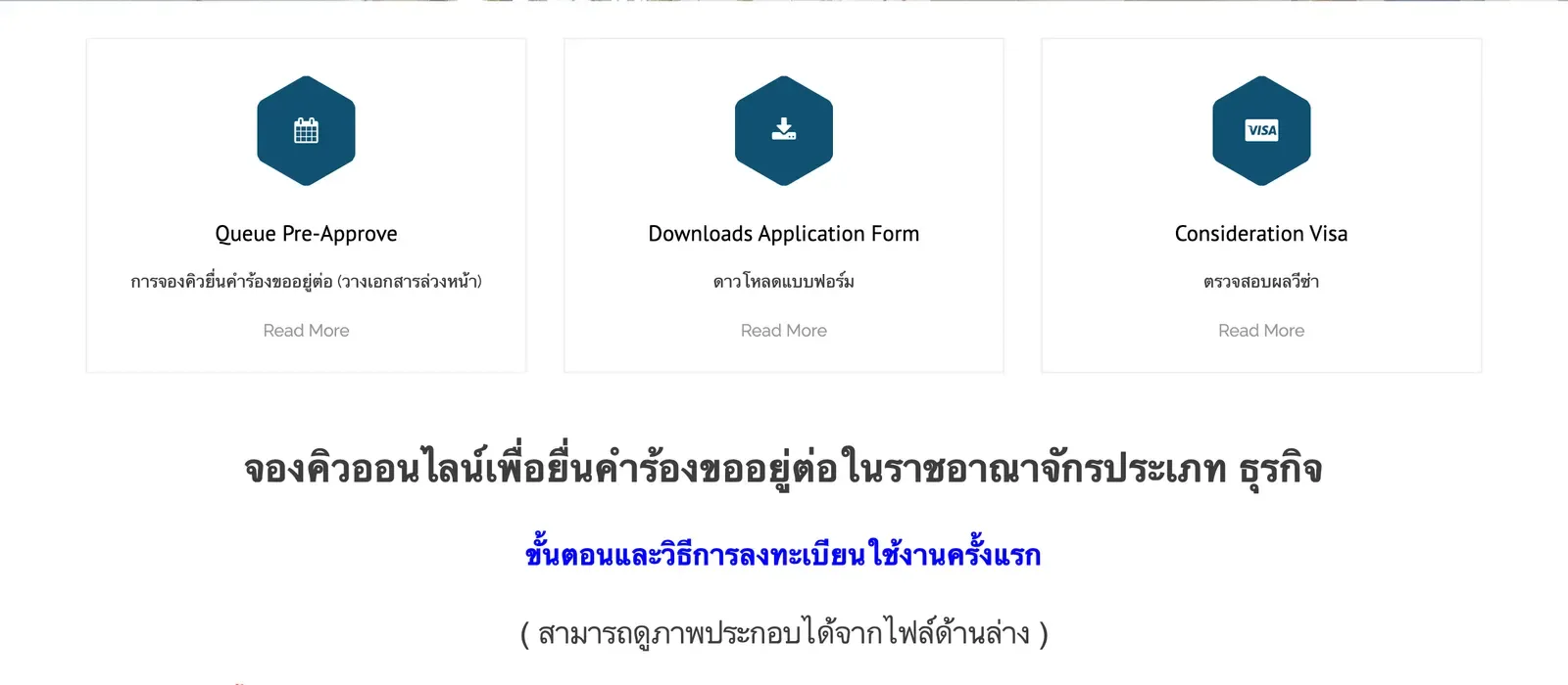 The queue page with three buttons for queue pre-approval, application form downloads and visa result checks, above a Thai heading about online booking.