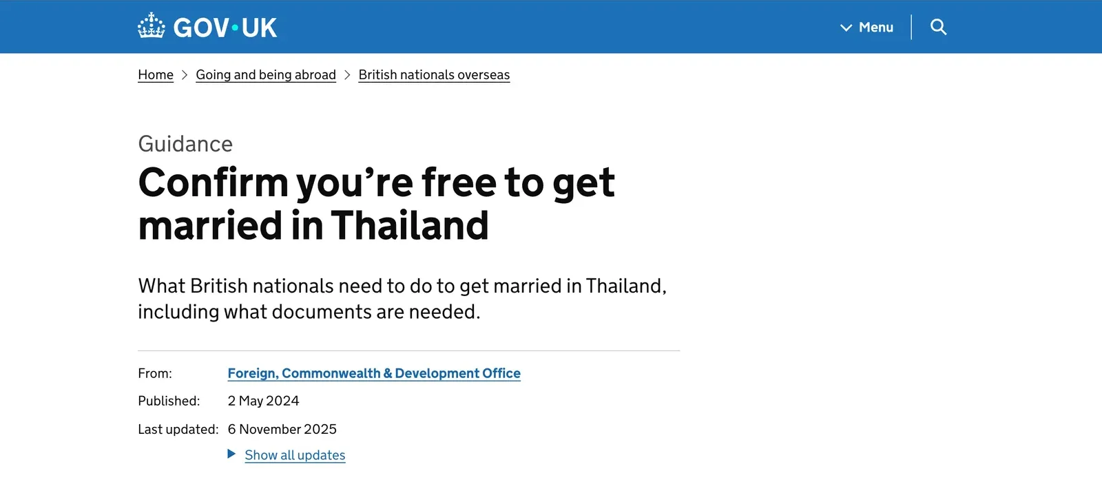 Top of the official UK government guidance page on confirming you are free to get married in Thailand, with the title and the publishing department.