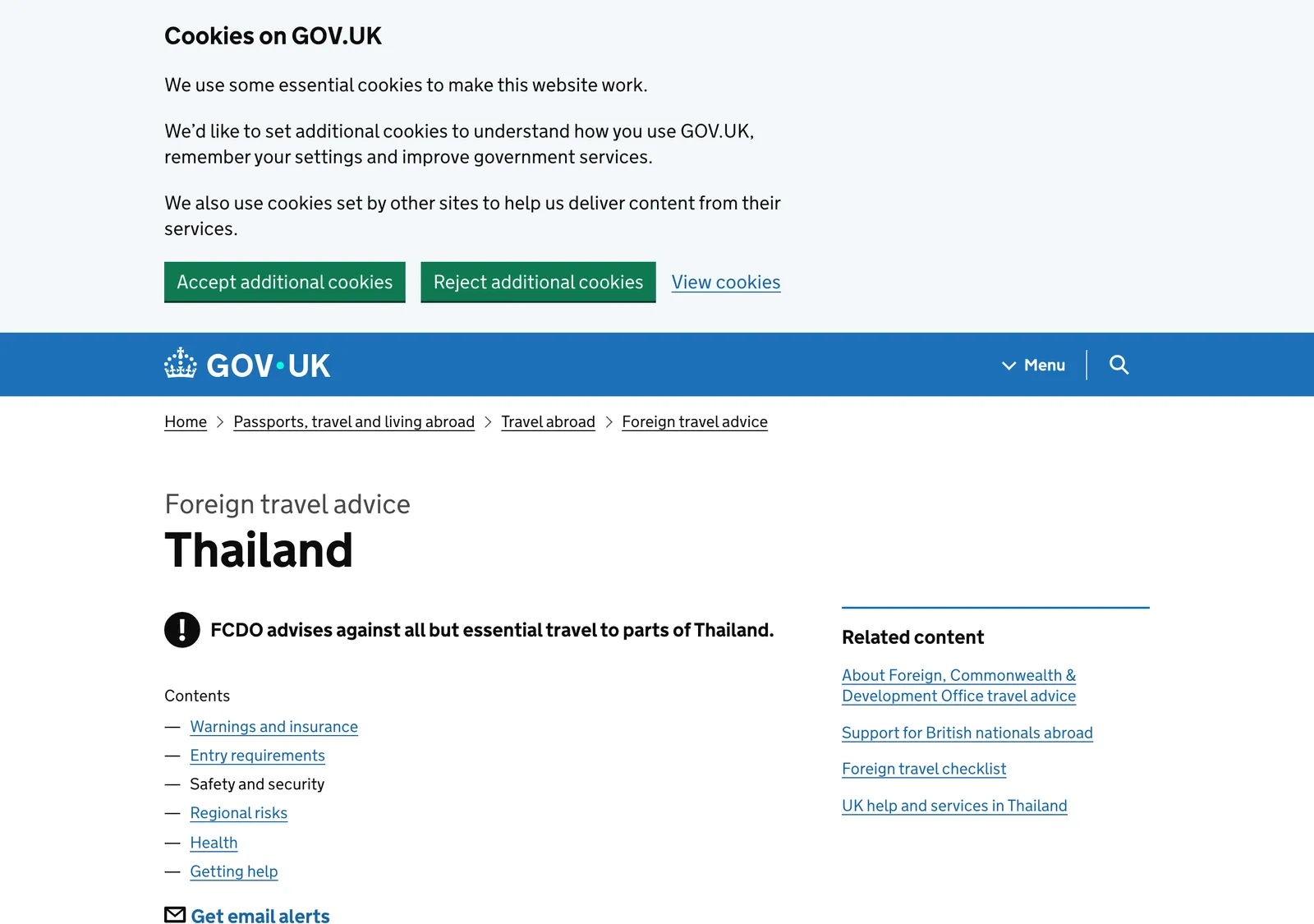 Government travel advice page headed safety and security with a contents list.