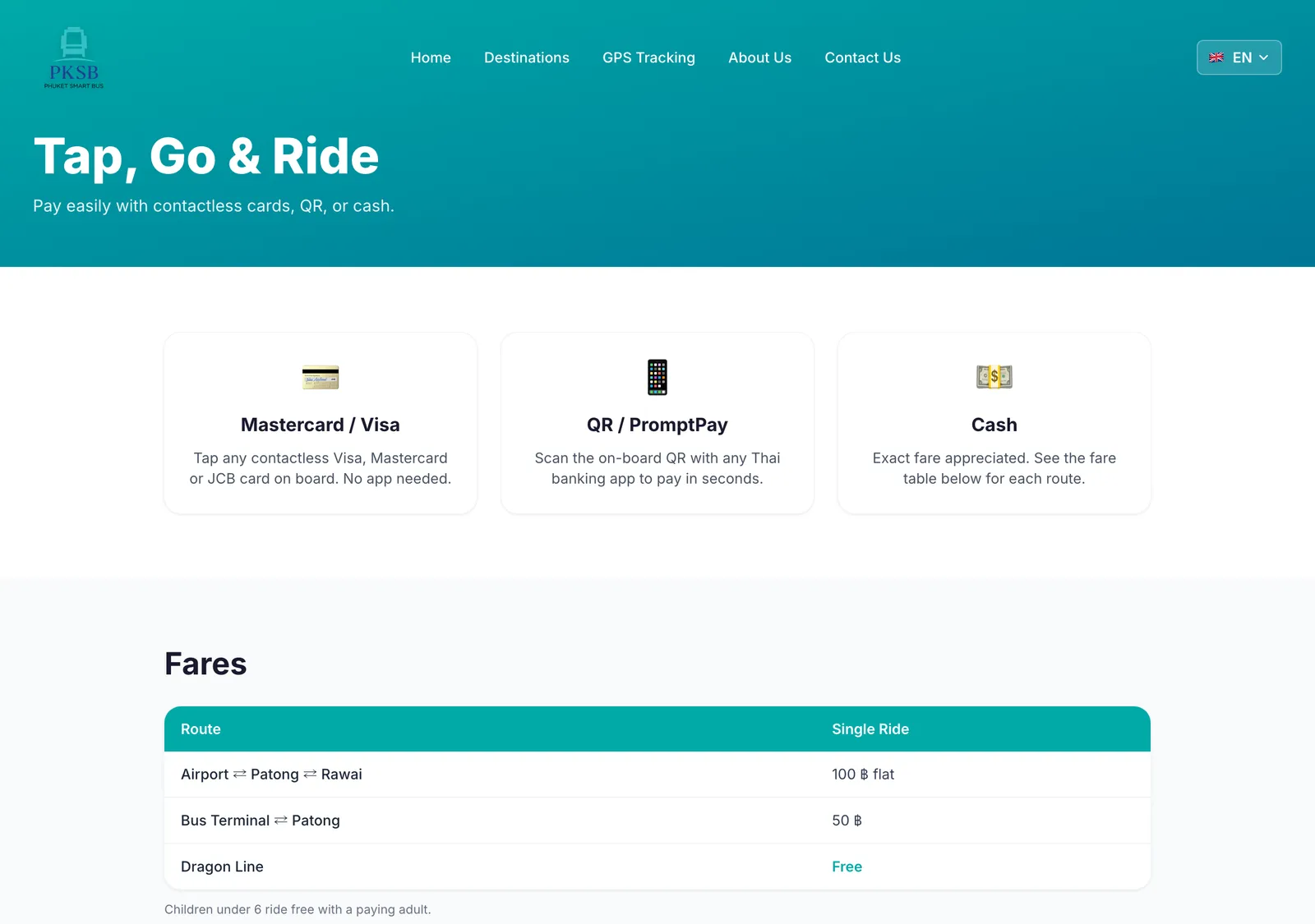 Smart Bus payment page with card, QR and cash options above a fare table