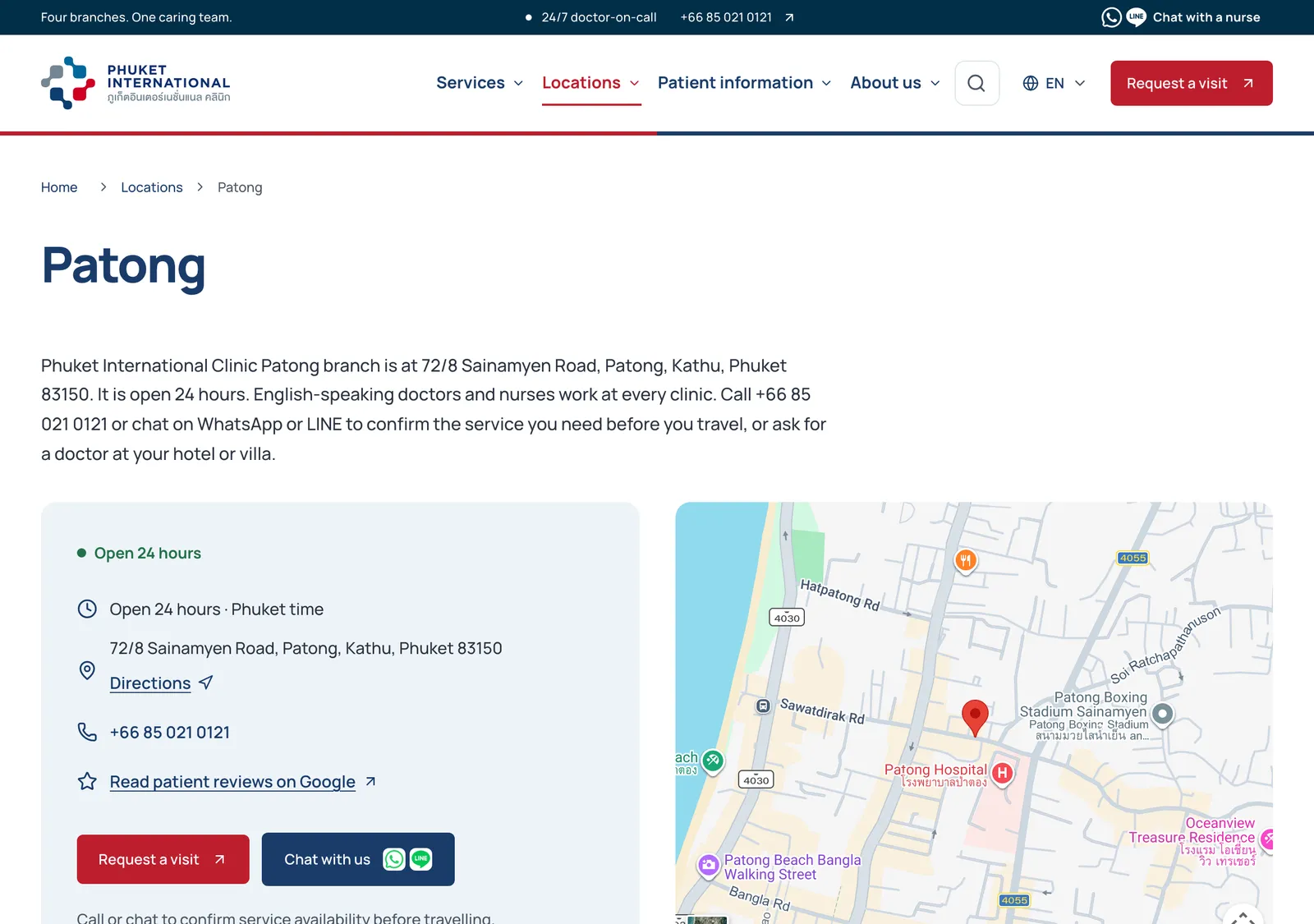 Web page of the Patong clinic with a green open-hours label, a street map with a red pin and two contact buttons.