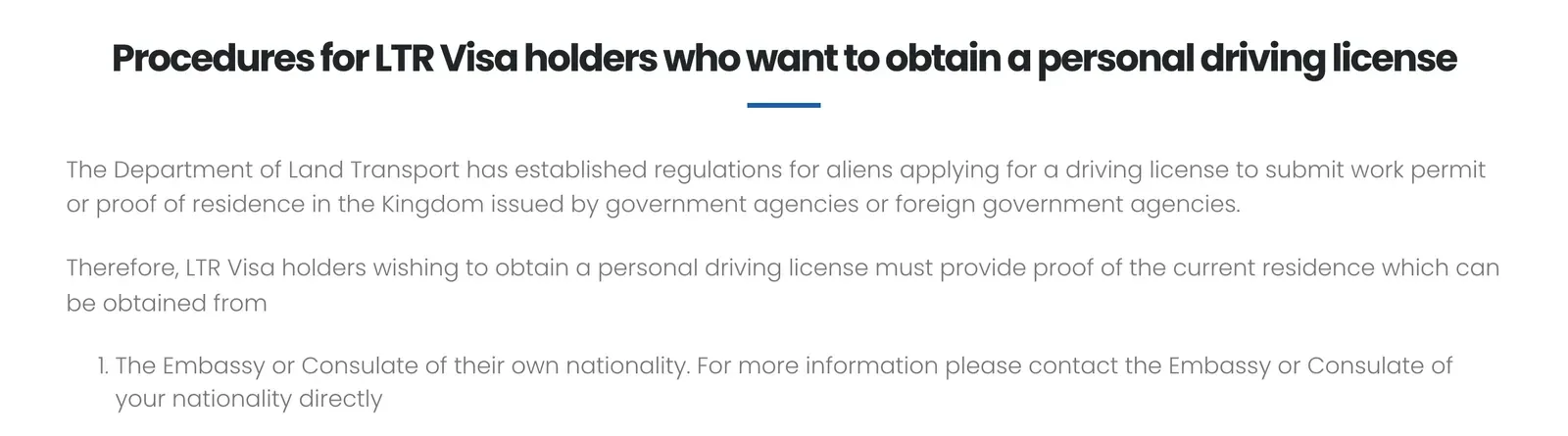 LTR Visa website page titled Procedures for LTR Visa holders who want to obtain a personal driving license, with text on proof of residence and a numbered list starting with the embassy or consulate of your nationality.