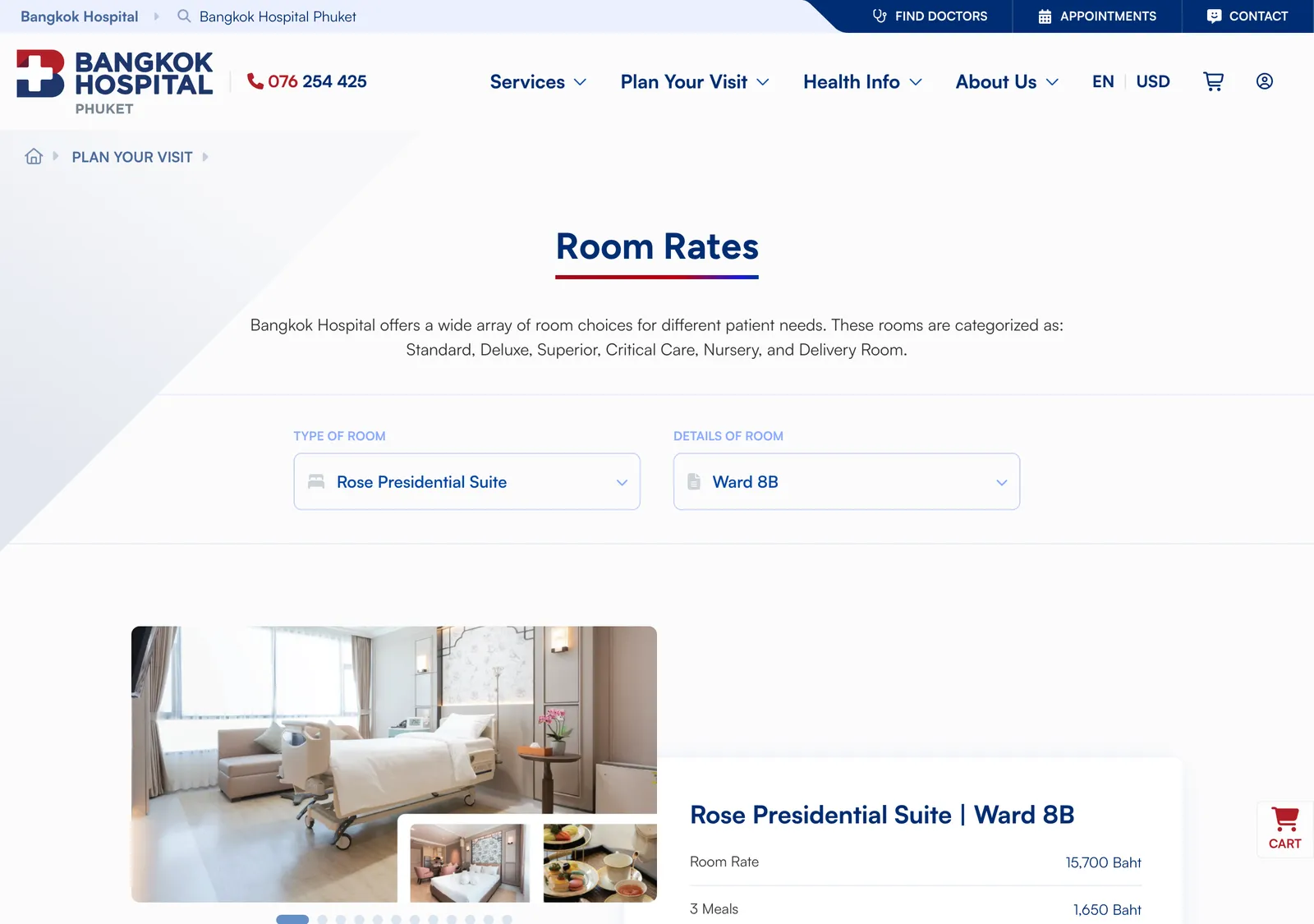 The Bangkok Hospital Phuket room rates page with a room type menu and the rate lines for one room.