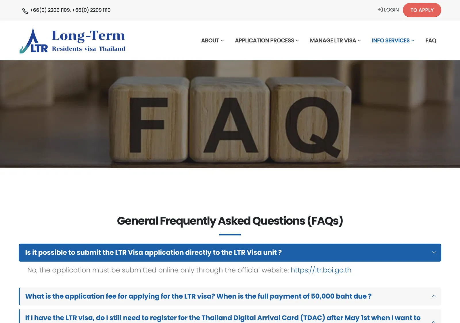 The FAQ page of the Thailand BOI Long-Term Resident visa site, with a question about the LTR application fee open.