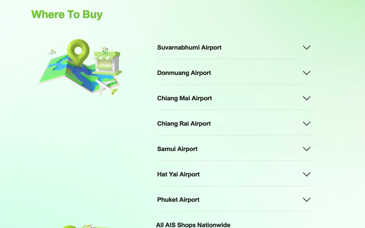 AIS where-to-buy page with a list of airports including Phuket Airport.
