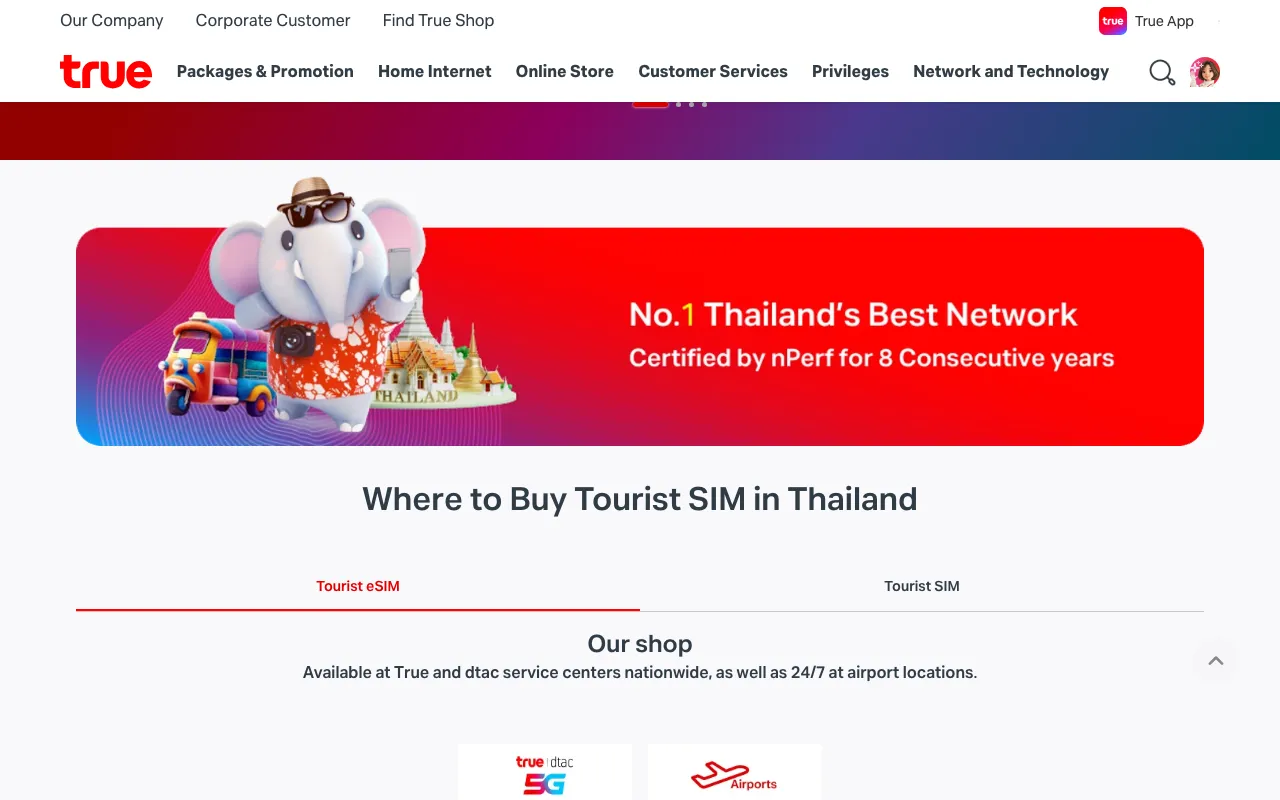 True tourist SIM page with a red banner and a Where to Buy section for shops and airports.