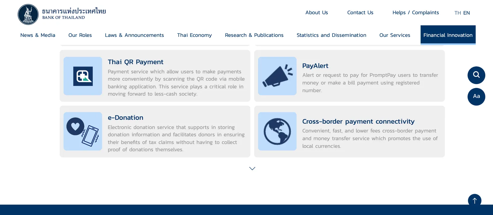 Cards on the Bank of Thailand page describing Thai QR Payment, PayAlert, e-Donation and cross-border payment.