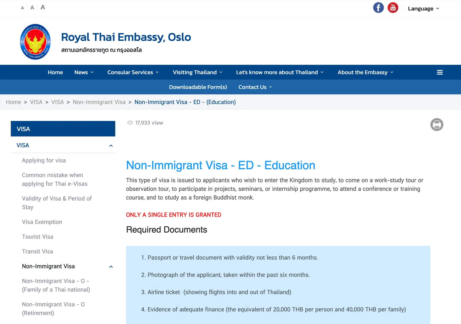 Royal Thai Embassy Oslo page headed Non-Immigrant Visa ED, Education, with a red note on single entry and the start of the documents list.