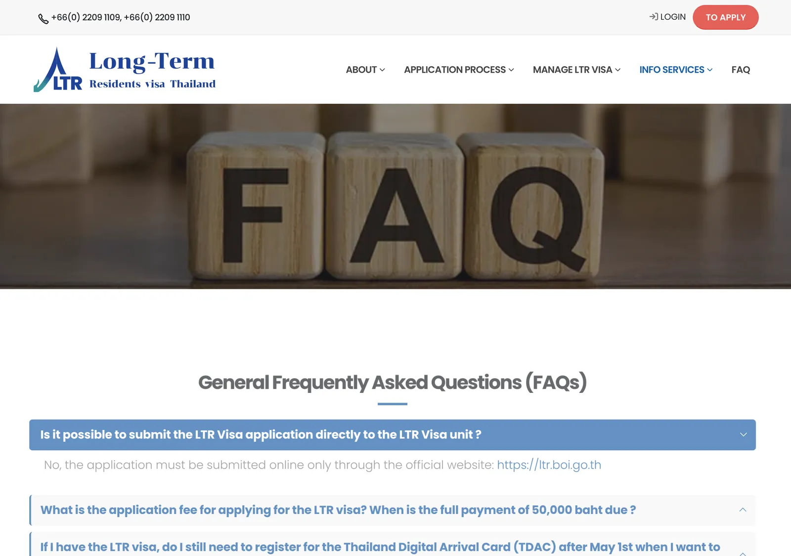 BOI FAQ page with a wooden-block FAQ banner and the first answer opened.
