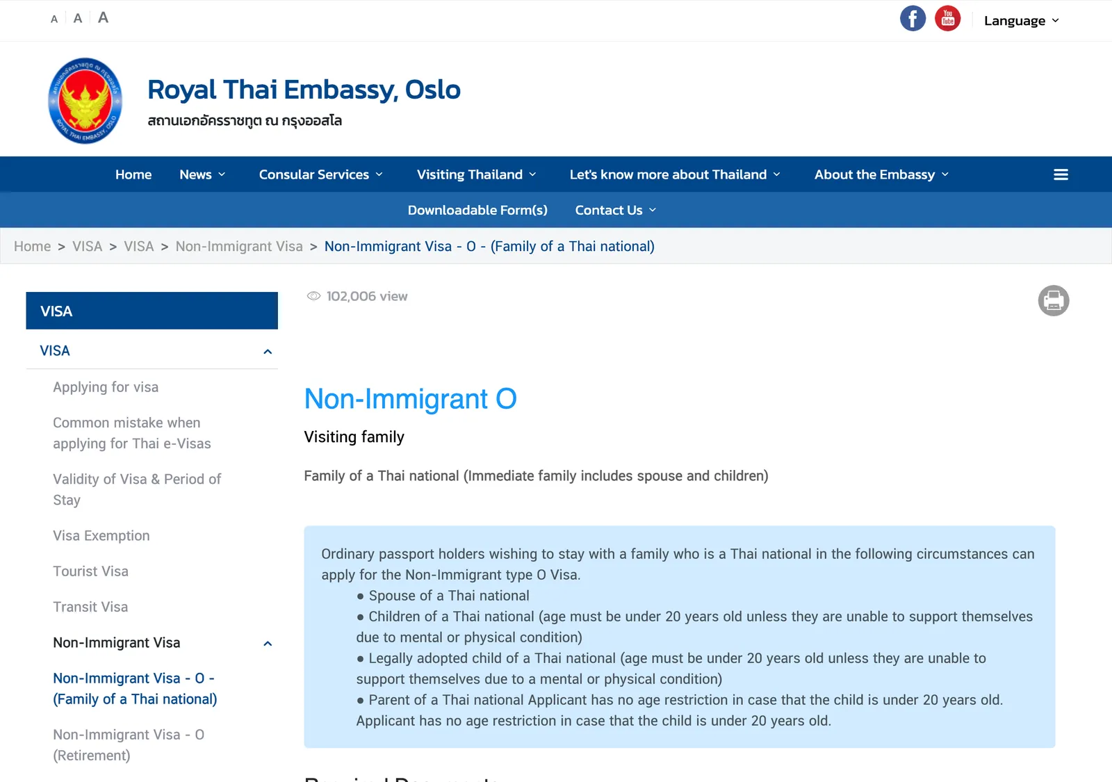 A Thai embassy page for the Non-Immigrant O visa for family of a Thai national with its list of documents.