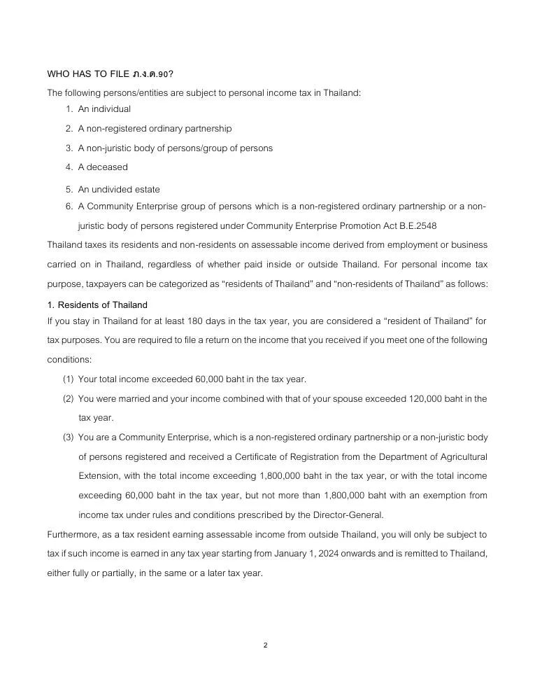 Page of the Revenue Department English guide to the PND 90 return with a list of taxpayer types and a section on residents of Thailand.