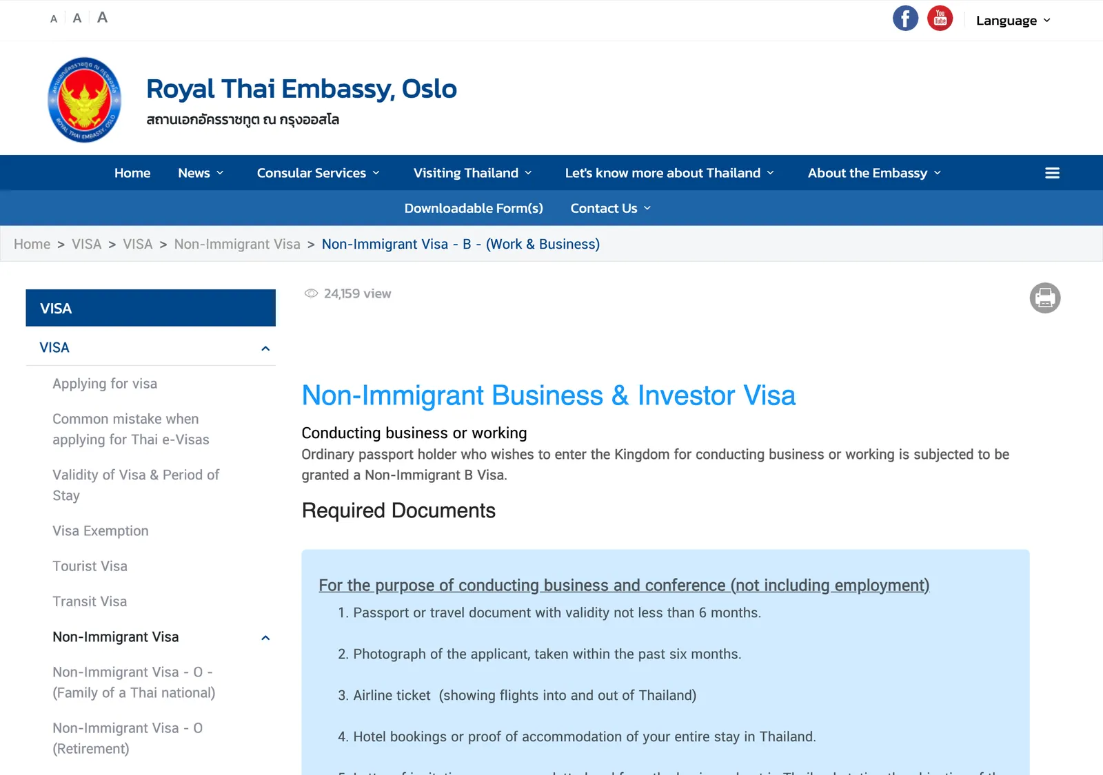 Royal Thai Embassy Oslo page headed Non-Immigrant Business and Investor Visa, with the documents list for work and business.