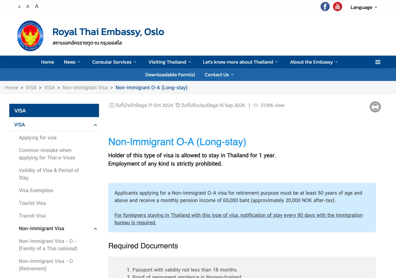 Royal Thai Embassy Oslo page headed Non-Immigrant O-A (Long-stay), with the holder rules and the start of the documents list.