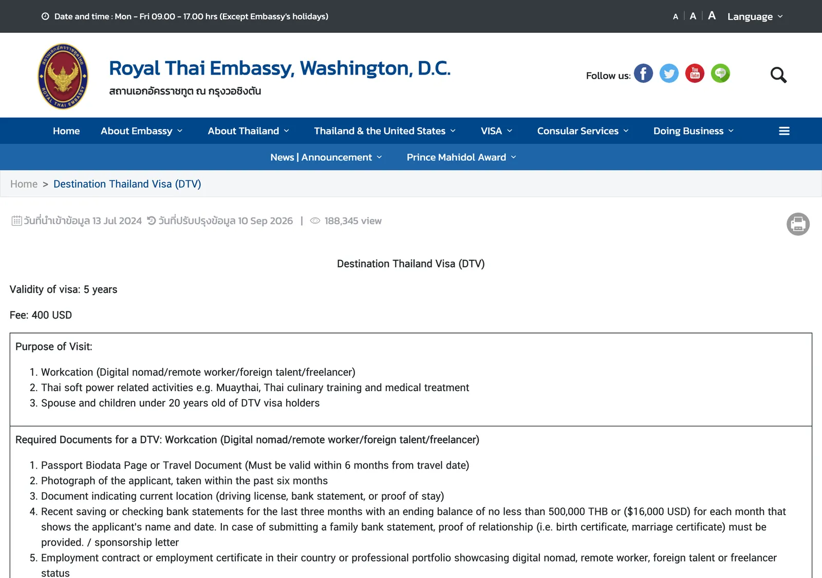 Royal Thai Embassy Washington page headed Destination Thailand Visa, with the validity, fee, purposes of visit and the start of the documents list.